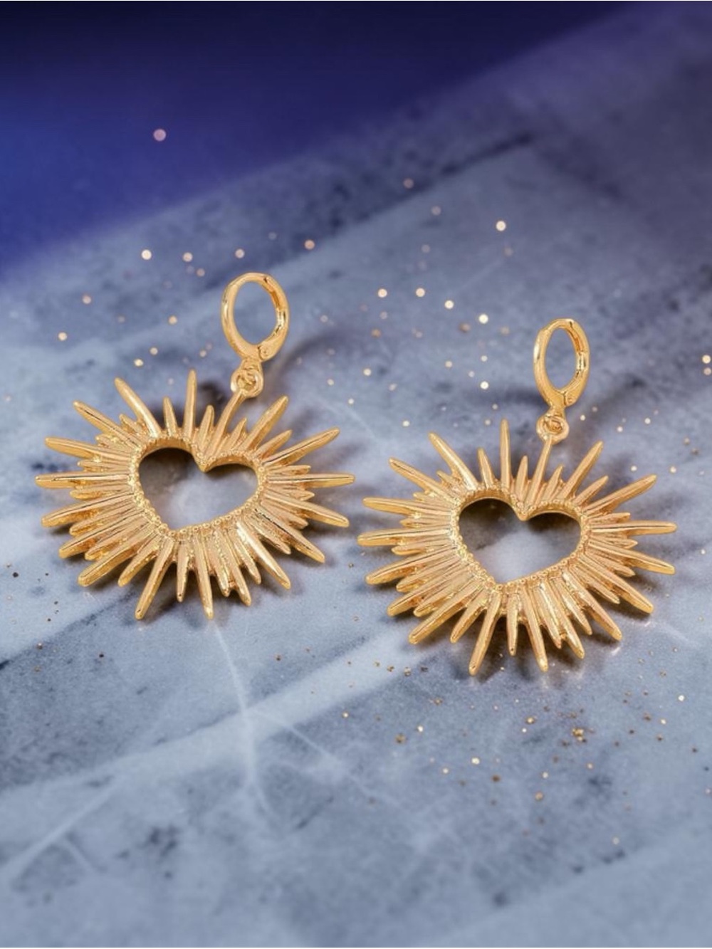 Gold Heart Sunburst Earrings Celestial Hoop Dangle Jewelry Gift for Women - Picture 4 of 5